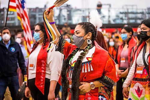 MIKAELA MACKENZIE / WINNIPEG FREE PRESS

RRC Polytech graduate Cheryl Baraniuk dances out during the grand entry at the RRC graduation Pow Wow in Winnipeg on Friday, May 6, 2022. For Malak Abas story.
Winnipeg Free Press 2022.