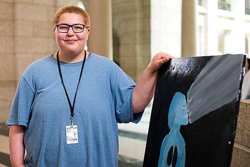 MIKAELA MACKENZIE / WINNIPEG FREE PRESS

Argyle Alternative High School grade 12 student Ethan McInnes poses for a portrait by his art, which is displayed at the Manitoba Legislative Building in honour of Child and Youth Mental Health Day, in Winnipeg on Friday, May 6, 2022. For Katie May story.
Winnipeg Free Press 2022.