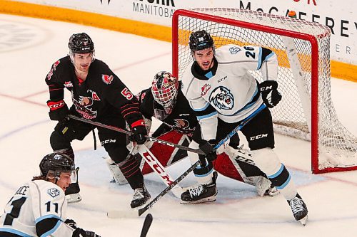 Daniel Crump / Winnipeg Free Press. Winnipeg Ice center Jack Finley 1 (26) makes himself big in front of the Moosejaw net during game one against the Moosejaw Warriors at Wayne Fleming Arena in Winnipeg. May 6, 2022.