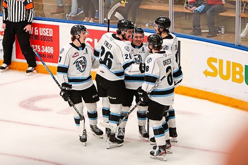 Daniel Crump / Winnipeg Free Press. The Winnipeg Ice celebrates a goal against as they take a commanding lead in game one against the Moosejaw Warriors at Wayne Fleming Arena in Winnipeg. May 6, 2022.