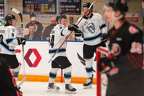 Daniel Crump / Winnipeg Free Press. Winnipeg Ice Connor McClennon (94) celebrates a goal against the Moosejaw Warriors during game one against the Moosejaw Warriors at Wayne Fleming Arena in Winnipeg. May 6, 2022.