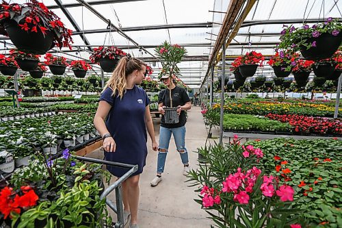 Daniel Crump / Winnipeg Free Press. Mae Coughlin (left) and Bella Wasmuth shop for plants at Lacoste Garden Centre. Manitoba. May 7, 2022.