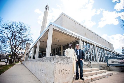 MIKAELA MACKENZIE / WINNIPEG FREE PRESS

Sherpard Gwende, the Reverend Father (left), and Andrew Thomson, the Rectors Warden, pose for a portrait at St Georges Anglican Church (which is completely without MTS phone service right now) in Winnipeg on Tuesday, May 10, 2022. For Kevin story.
Winnipeg Free Press 2022.