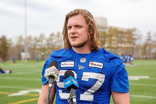 MIKE DEAL / WINNIPEG FREE PRESS
Winnipeg Blue Bombers Cole Adamson (97) during a scrum with media after the first day of rookie camp at the practice field at the UofM Wednesday.
220511 - Wednesday, May 11, 2022.