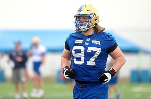 RUTH BONNEVILLE / WINNIPEG FREE PRESS

Sports Bombers

Cole Adamson Blue Bomber defensive tackle, at practices on field with teamThursday.

May 12, 2022

