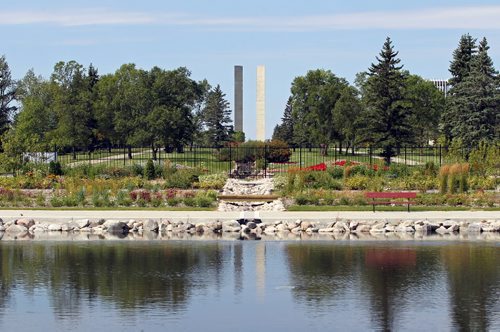 Brandon Sun 27082010 The peace tower dominates the landscape at the International Peace Gardens on Friday afternoon.   (Tim Smith/Brandon Sun)