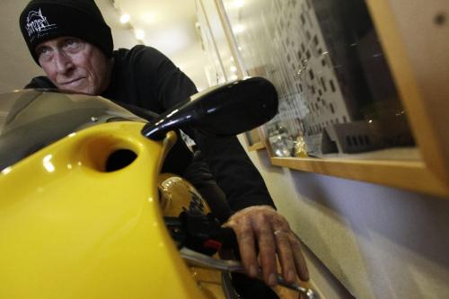 Antoine Predock, architect responsible for the Canadian Museum for Human Rights, on one of his many motorcycles in his office in Albuquerque New Mexico, August 10, 2010. Lyle Stafford/Winnipeg Free Press