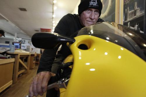 Antoine Predock, architect responsible for the Canadian Museum for Human Rights, on one of his many motorcycles in his office in Albuquerque New Mexico, August 10, 2010. Lyle Stafford/Winnipeg Free Press