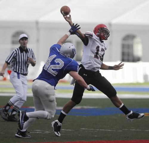 TREVOR HAGAN / WINNIPEG FREE PRESS - Eden Prairie QB Brian Athey passes while on the run. He is pressured by Carey Link of the Oak Park Raiders during the 2010 Can Am Challenge at CanadInns Stadium. 10-09-03