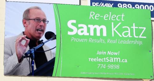 MIKE.DEAL@FREEPRESS.MB.CA 100928 - Tuesday, September 28, 2010 -  The Sam Katz headquarters on Notre Dame with signs of Sam that have been altered (photoshoped). MIKE DEAL / WINNIPEG FREE PRESS