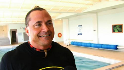 Former Bombers kicker and QX 104 radio co-host Troy Westwood cannonballs into the pool at the Fairmont Hotel after announcing hes been selected to take part in Wipeout Canada. The other is a still of our interview with him. Credit to Tyler Walsh / WINNIPEG FREE PRESS