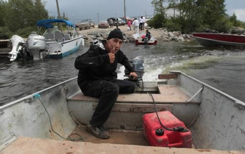 JOE.BRYKSA@FREEPRESS.MB.CA NO RUNNING WATER FEATURE-(See Helen's story)  - Water taxi leaving Garden Hill  First Nation. With high unemployment in the area, just about everyone drives boats as taxis between the islands and mainland in the Island Lake area.  - July 2010, - JOE BRYKSA/WINNIPEG FREE PRESS