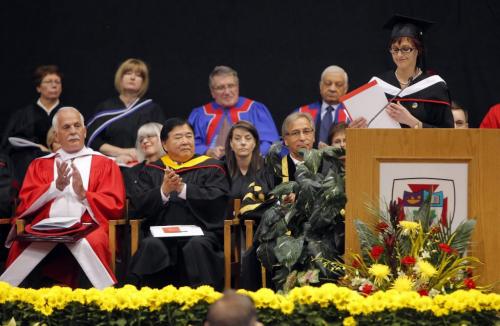 BORIS.MINKEVICH@FREEPRESS.MB.CA  101017 BORIS MINKEVICH / WINNIPEG FREE PRESS Erin Larson gives her valedictory address at the University of Winnipeg canvication. Vic Toews was there and she didn't like him there. SEE MARY AGNUS STORY