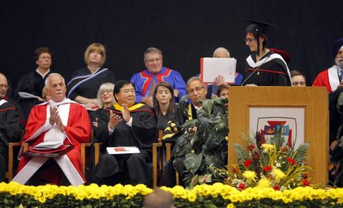 BORIS.MINKEVICH@FREEPRESS.MB.CA  101017 BORIS MINKEVICH / WINNIPEG FREE PRESS Erin Larson gives her valedictory address at the University of Winnipeg canvication. Vic Toews was there and she didn't like him there. SEE MARY AGNUS STORY