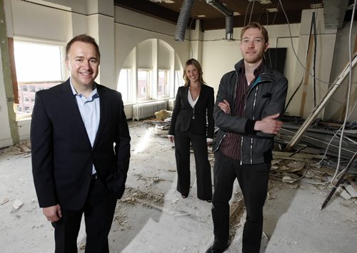 KEN GIGLIOTTI / WINNIPEG FREE PRESS  / Oct  20 2019 - 101020 -  Murray McNeill Story - CEO Mark and wife  VP Shelley Buleziuk  and right architect Matt Kessler  at  272 Main St the Ikon Building being renovated and  facade restored to original condition for Monday  Real Estate feature