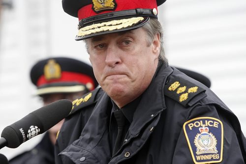 KEN GIGLIOTTI / WINNIPEG FREE PRESS  / Oct  25 2019 - 101025 -  TOP COP TIGHT LIPPED - In pic Wpg Police  Chief Keith McCaskill  holds newser  re: the Masked gunman that killed two persons and wounded one female critically  during a weekend rampage in the North End
