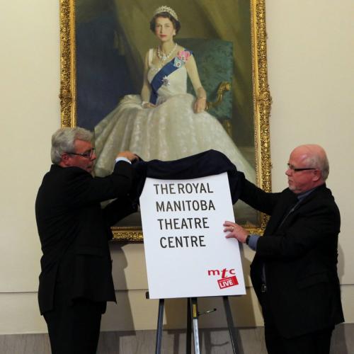 BORIS.MINKEVICH@FREEPRESS.MB.CA  101026 BORIS MINKEVICH / WINNIPEG FREE PRESS Manitoba Premier Greg Selinger and Chair of the Royal Manitoba Theatre Centre board of trustees Gary Hannaford unveil the new poster at the Leg. The Queen granted Royal status for the theatre company.