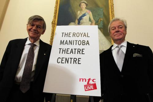 BORIS.MINKEVICH@FREEPRESS.MB.CA  101026 BORIS MINKEVICH / WINNIPEG FREE PRESS Tom Hendry and actor Gordon Pincent pose for a photo under a portrait of the Queen. The Queen granted Royal status for the theatre company and the announcement was made at the Leg.