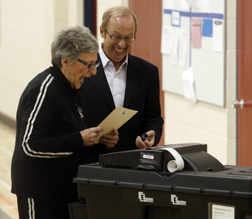 KEN GIGLIOTTI / WINNIPEG FREE PRESS  / Oct  27 2019 - 101027  - Daily Schedule - in ic Mayor Sam Katz votes  at Shaftesbury School inpic hands ballot to  election official  Wednesday, October 27th, 2010 - Election Day ,7:30 am  Burmashaving at St. AnneÄôs Rd and St. MaryÄôs Rd -10:00 am Sam to cast vote  - Shaftesbury High School, 2240 Grant Ave. -12:00 p.m.       Burmashaving at Broadway and Main St.- 4:00 pm  Burmashaving at Portage and Main  - Election Night -Radisson Hotel - 228 Portage Aven -11th Floor Ballroom- Winnipeg Civic Election 2010 - voting day