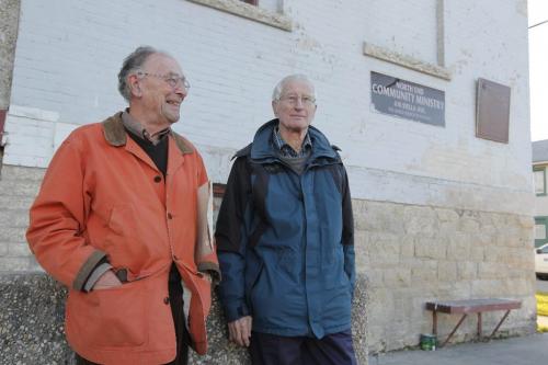 BORIS.MINKEVICH@FREEPRESS.MB.CA   BORIS MINKEVICH / WINNIPEG FREE PRESS 101103 Morley Rypp and Dick Bevan pose for a photo in front of the old Stella Mission. Basketball story.