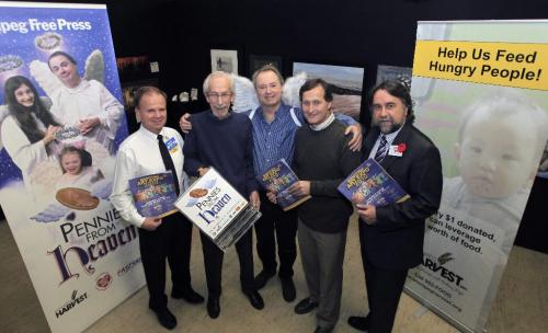 MIKE.DEAL@FREEPRESS.MB.CA 101104 - Thursday, November 04, 2010 -  Pennies from Heaven launch at the Manitoba Art Expo. (l-r) Valdimar Johnson from Walmart, Kai Madsen Executive Director of the Christmas Cheer Board, Kevin Rollason, David Northcott with Winnipeg Harvest and Glenn Hayes president of Manitoba Art Expo. MIKE DEAL / WINNIPEG FREE PRESS