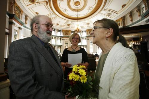 November 6, 2010 - 101106  - Guy Millar and Clair Howe, who were teenage sweethearts and found eachother again after sixty years, got married at the Hotel Fort Garry with the assistance of marriage commissioner Pat Simcoe-Rosenbaum on Saturday, November 6, 2010.    John Woods / Winnipeg Free Press