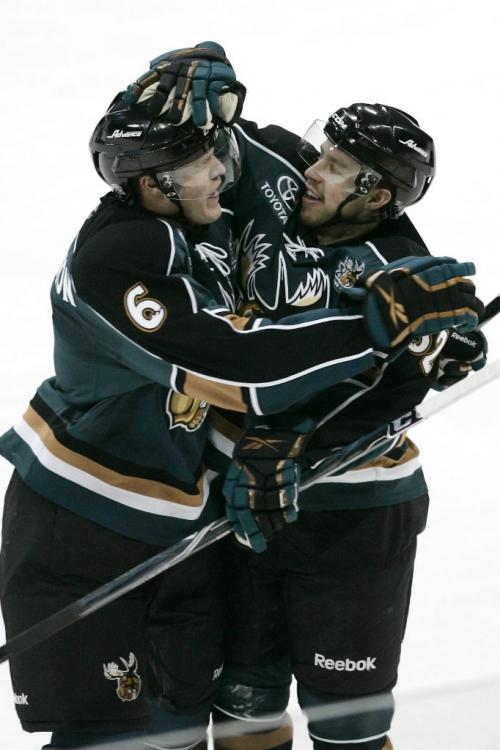 November 13, 2010 - 101113  -  Manitoba Moose Kevin Clark (32) and Kevin Connauton (6) celebrate Clark's goal on Rochester Americans goalie  Jacob Markstrom (30) in the second period of their AHL game in Winnipeg  Saturday November 13, 2010.  John Woods / Winnipeg Free Press