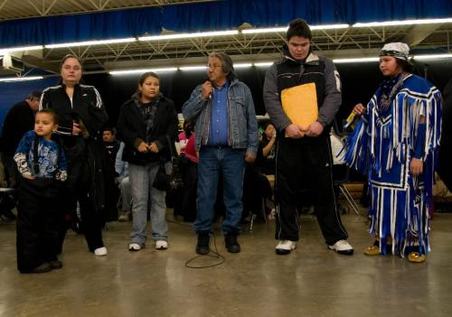 DAVID LIPNOWSKI / WINNIPEG FREE PRESS (November 20, 2010) (L-R) Darnell Geddes (age 4) (Ashley's son) Ashley Geddes (sister of missing woman Amber Guiboche),  Sheenah  Fontain (sister in law of Amber) Elder John Kent (elder at ceremony), Kyle Kematch (brother of Amber), and Evander Twoheart (Sheena's son) at the Indian and Metis Friendship Centre Saturday afternoon, where Elder John Kent led a prayer for missing woman Amber Guiboche. The centre was hosting a Powwow to Honour Children who have died as a result of violence.