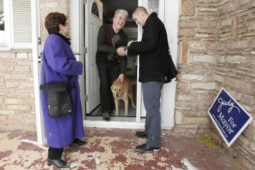 November 28, 2010 - 101128  - Kevin Chief meets with home owner Bob Dewar as hits the streets and campaigns on McAdam in North Winnipeg with former New Democratic Member of Parliament Judy Wasylycia-Leis the day prior to the by-election on Sunday, November 27, 2011.    John Woods / Winnipeg Free Press