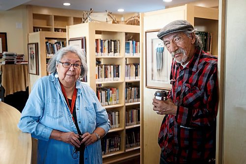 MIKE DEAL / WINNIPEG FREE PRESS
Language activists Pat Ningewance (left) and Roger Roulette (right) at the Manitoba Indigenous Cultural Education Centre, 119 Sutherland, Tuesday afternoon.
See Ben Waldman story
210928 - Tuesday, September 28, 2021.