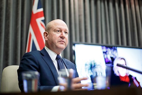 MIKE DEAL / WINNIPEG FREE PRESS
Dr. Brent Roussin, chief provincial public health officer during an announcement Friday morning at the Manitoba Legislative building, that further restrictions were going to be put into place starting this weekend.
211112 - Friday, November 12, 2021.