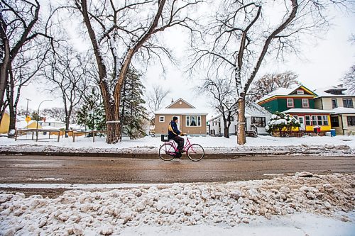 MIKAELA MACKENZIE / WINNIPEG FREE PRESS

Cyclist Tim Brandt rides his bike on the slushy winter streets in Winnipeg on Tuesday, Nov. 16, 2021. For Janine LeGal story.
Winnipeg Free Press 2021.