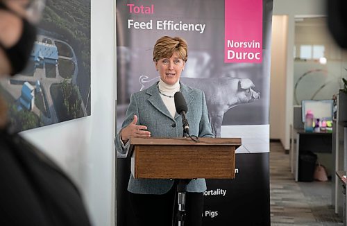 JESSICA LEE / WINNIPEG FREE PRESS

Agriculture and Agri-Food Canada Minister Marie-Claude Bibeau is photographed making a speech on November 19, 2021 at the Topigs Norsvin Canada office. The governments of Canada and Manitoba are investing $2.2 million in three agricultural research projects which will be conducted by Topigs Norsvin.

Reporter: Martin







