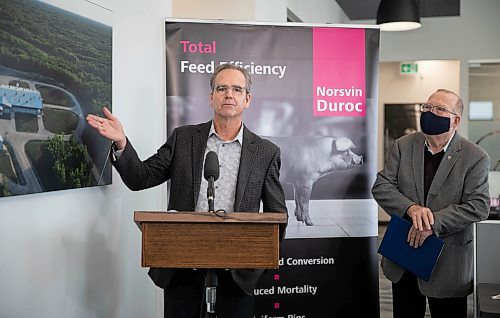 JESSICA LEE / WINNIPEG FREE PRESS

Cam McGavin, general manager of Topigs Norsvin Canada Inc. (left) is photographed giving a speech on November 19, 2021 at the Topigs Norsvin Canada office. The governments of Canada and Manitoba are investing $2.2 million in three agricultural research projects which will be conducted by Topigs Norsvin.

Reporter: Martin








