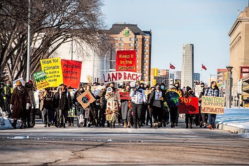 Mike Sudoma / Winnipeg Free Press
&#x201c;All out for WedzinKwa&#x201d; rally participants march down Memorial Blvd on their way to the Manitoba Legislative Building Friday afternoon
November 19, 2021