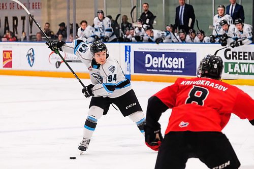 Daniel Crump / Winnipeg Free Press. Winnipeg&#x2019;s Connor McClennon (94) winds up a shot from the blue line as the Ice take on the Prince George Cougars at the Max Bell Centre Tuesday evening. January 14, 2020.