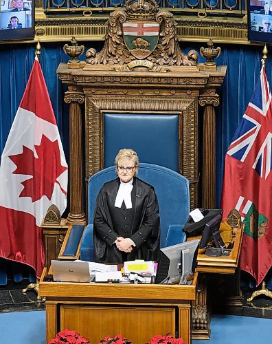 MIKE DEAL / WINNIPEG FREE PRESS
Speaker of the Legislative Assembly of Manitoba, Myrna Driedger, delivers the first-ever instance of a land acknowledgement as part of the formal proceedings of the legislative assembly of Manitoba Monday afternoon.
211129 - Monday, November 29, 2021.