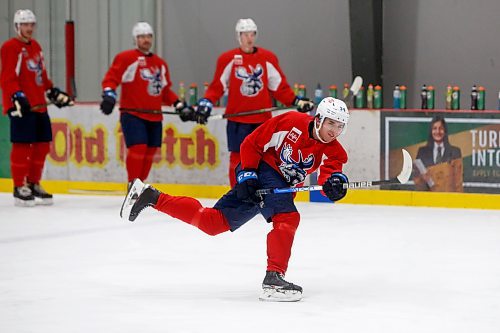 MIKE DEAL / WINNIPEG FREE PRESS
Manitoba Moose' Ville Heinola (34) during practice at BellMTS IcePlex Tuesday.
211130 - Tuesday, November 30, 2021.