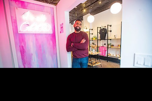 MIKAELA MACKENZIE / WINNIPEG FREE PRESS

Obby Khan, co-founder of GoodLocal, poses for a portrait in the new storefront in the Exchange District in Winnipeg on Tuesday, Nov. 30, 2021. For Gabby story.
Winnipeg Free Press 2021.