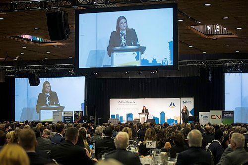 MIKAELA MACKENZIE / WINNIPEG FREE PRESS

Premier Heather Stefanson does her keynote address at a Chamber of Commerce luncheon at the RBC Convention Centre in Winnipeg on Thursday, Dec. 2, 2021. For Carol/Tom story.
Winnipeg Free Press 2021.