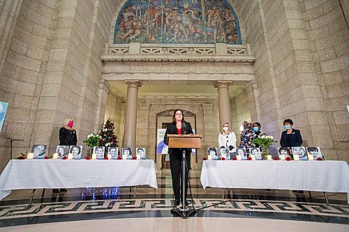 MIKAELA MACKENZIE / WINNIPEG FREE PRESS

Premier Heather Stefanson speaks as Cathy Cox (left), Rochelle Squires, Audrey Gordon, and Janice Morley-Lecomte listen at a ceremony for the National Day of Remembrance and Action on Violence Against Women at the Manitoba Legislative Building in Winnipeg on Monday, Dec. 6, 2021. For Danielle (?) story.
Winnipeg Free Press 2021.