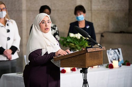 MIKAELA MACKENZIE / WINNIPEG FREE PRESS

Humaira Jaleel, founder and executive director of Healthy Muslim Families, speaks at a ceremony for the National Day of Remembrance and Action on Violence Against Women at the Manitoba Legislative Building in Winnipeg on Monday, Dec. 6, 2021. For Danielle (?) story.
Winnipeg Free Press 2021.