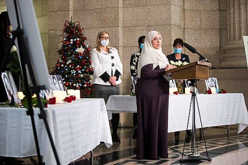 MIKAELA MACKENZIE / WINNIPEG FREE PRESS

Humaira Jaleel, founder and executive director of Healthy Muslim Families, speaks at a ceremony for the National Day of Remembrance and Action on Violence Against Women at the Manitoba Legislative Building in Winnipeg on Monday, Dec. 6, 2021. For Danielle (?) story.
Winnipeg Free Press 2021.