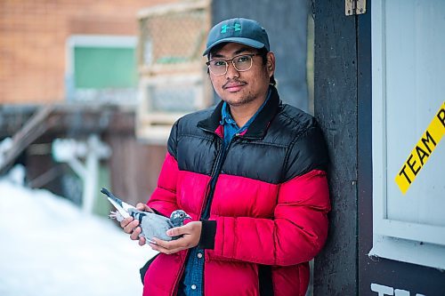 MIKAELA MACKENZIE / WINNIPEG FREE PRESS

Ivan Reyes poses for a portrait with a racing pigeon at the Team Reyes loft in Winnipeg on Friday, Nov. 26, 2021. For Ben Waldman story.
Winnipeg Free Press 2021.