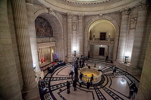 Daniel Crump / Winnipeg Free Press. (L to R) Dr. Peter MacDonald, chair, Diagnostic and Surgical Recovery Task Force Steering Committee, Health and Seniors Care Minister Audrey Gordon, Matthew Lister, project team director, Diagnostic and Surgical Recovery Task Force speak at an announcement in the rotunda at the Manitoba legislative building in Winnipeg. December 8, 2021.