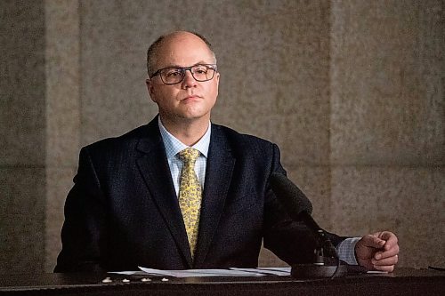 Daniel Crump / Winnipeg Free Press. Matthew Lister, project team director, Diagnostic and Surgical Recovery Task Force speaks at an announcement in the rotunda at the Manitoba legislative building in Winnipeg. December 8, 2021.