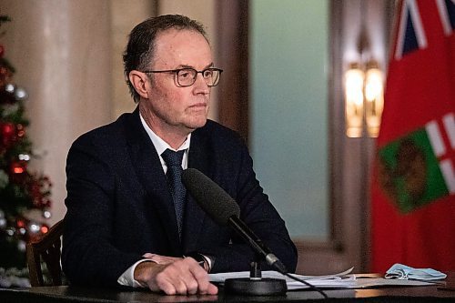 Daniel Crump / Winnipeg Free Press. Dr. Peter MacDonald, chair, Diagnostic and Surgical Recovery Task Force Steering Committee, speaks at an announcement in the rotunda at the legislative building in Winnipeg. December 8, 2021.