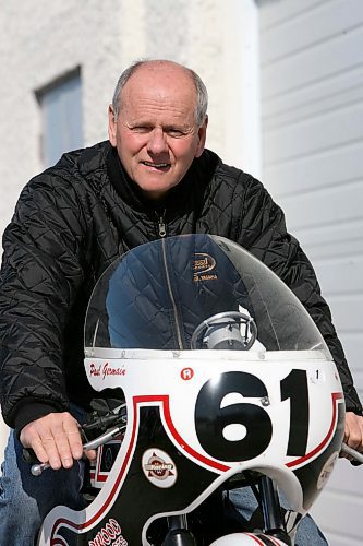 MIKE DEAL / WINNIPEG FREE PRESS 080318 Paul Germain of Wildwood Motorsports on his vintage 1968 Yamaha DT250 motorcycle which he rode to win two races at Daytona on March 3rd and 4th.