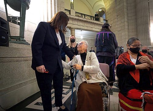 RUTH BONNEVILLE / WINNIPEG FREE PRESS

OCAL - Ind support

Premier Heather Stefanson chats with Elder Mae Louise Campbell, co-founder, Clan Mothers Healing Village, at  announcement for provincial government funding support for at-risk Indigenous Women and Girls at the Legislative Building Tuesday. 

Also in attendance: Families Minister Rochelle Squires
Sport, Culture and Heritage Minister Cathy Cox,  Elder Billie Schibler and Clan Mothers Elder&#x573; Council.

See Carol's story.

Dec14th,  2021
