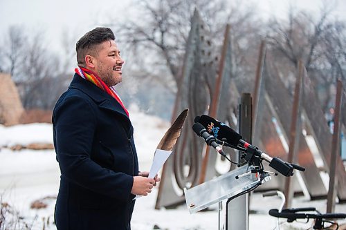 MIKAELA MACKENZIE / WINNIPEG FREE PRESS

Sky Bridges, CEO of the Winnipeg Foundation, speaks at the formal opening of Jaimie Isaac&#x573; new public art installation, The Eighth and Final Fire, at The Forks in Winnipeg on Wednesday, Dec. 15, 2021. For Al Small story.
Winnipeg Free Press 2021.